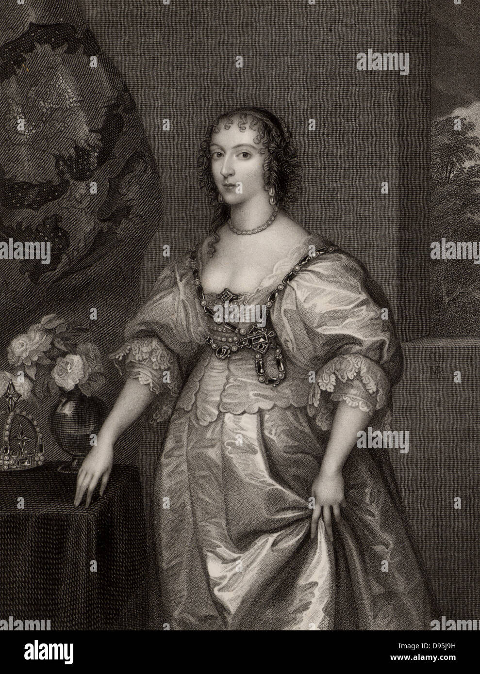 Henrietta Maria (1609-1669), regina consorte di Carlo I di Bretagna. Figlia di Enrico IV di Francia e Maria de' Medici. Incisione dopo il ritratto da Anthony Vandyke. Foto Stock