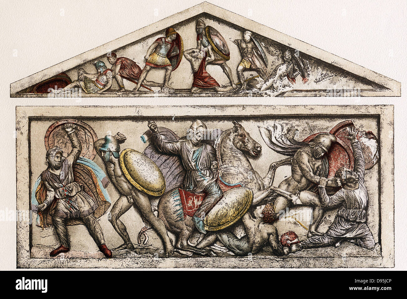 Alexander" sarcofago del IV secolo A.C. che mostrano scene di battaglia del tempo di Alessandro il Grande. Montato nella figura è il generale Hephaeistion. Soldati seconda a sinistra e la seconda a destra indossando tappi frigia. Foto Stock