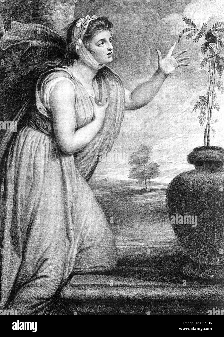 Emma, Lady Hamilton (c1765-1851) moglie di Sir William Hamilton, padrona di Horatio Nelson. Qui come 'Sensibility' (sensibile crescita della pianta in urn), uno dei "Gli atteggiamenti' lei ha eseguito come tableaux. Incisione da imbianchino dopo Romney. Foto Stock