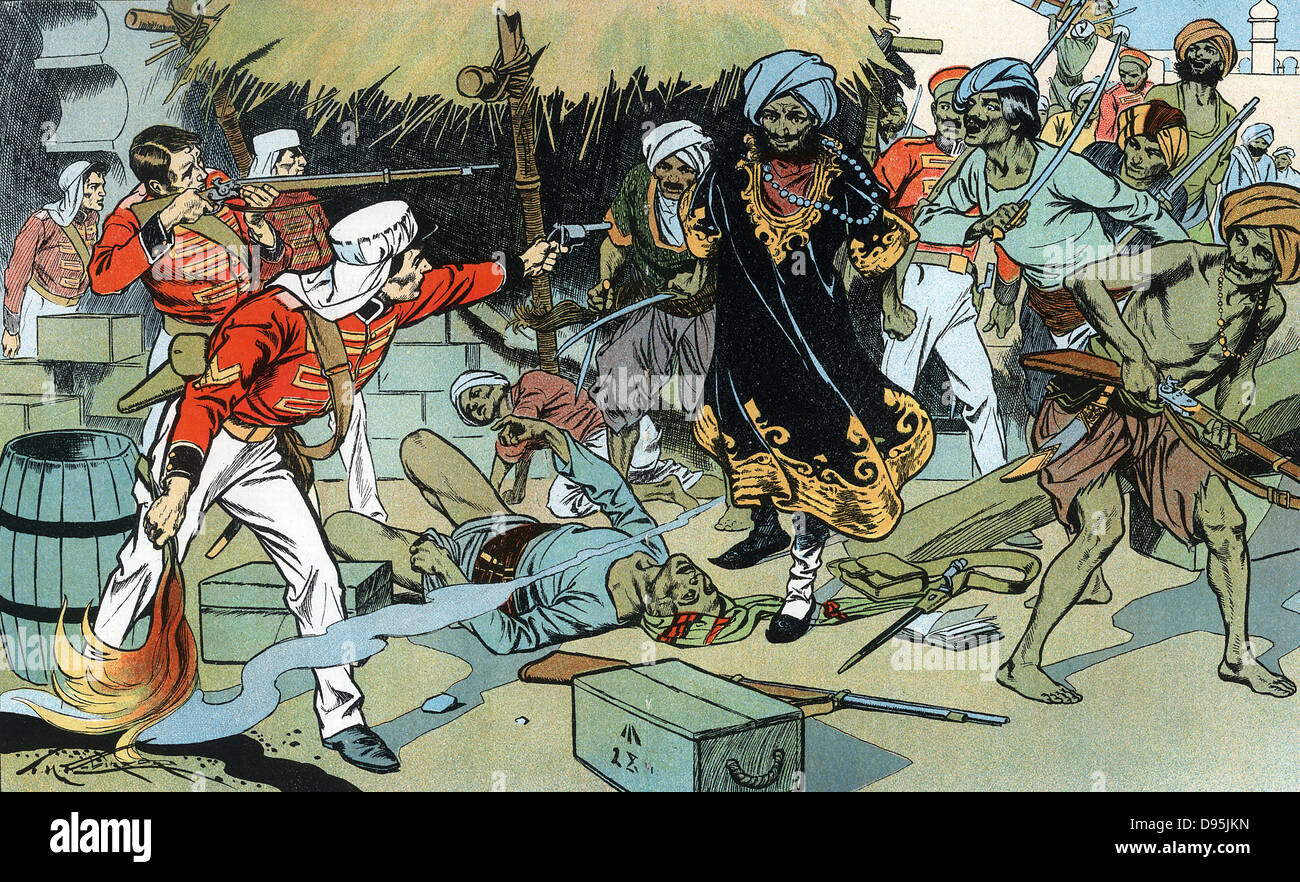 Ammutinamento indiano, noto anche come il Sepoy Mutiny o la Grande Guerra di Indipendenza : rivoltosi attaccando rivista a Delhi 11 maggio 1857. Il tenente Willoughby che sono morti a causa di ferite, diede al fine di difendere la guarnigione alla rivista esplosa, in modo da negare i ribelli le forniture di armi e di munizioni. Stampato a colori litografia c1900. Foto Stock