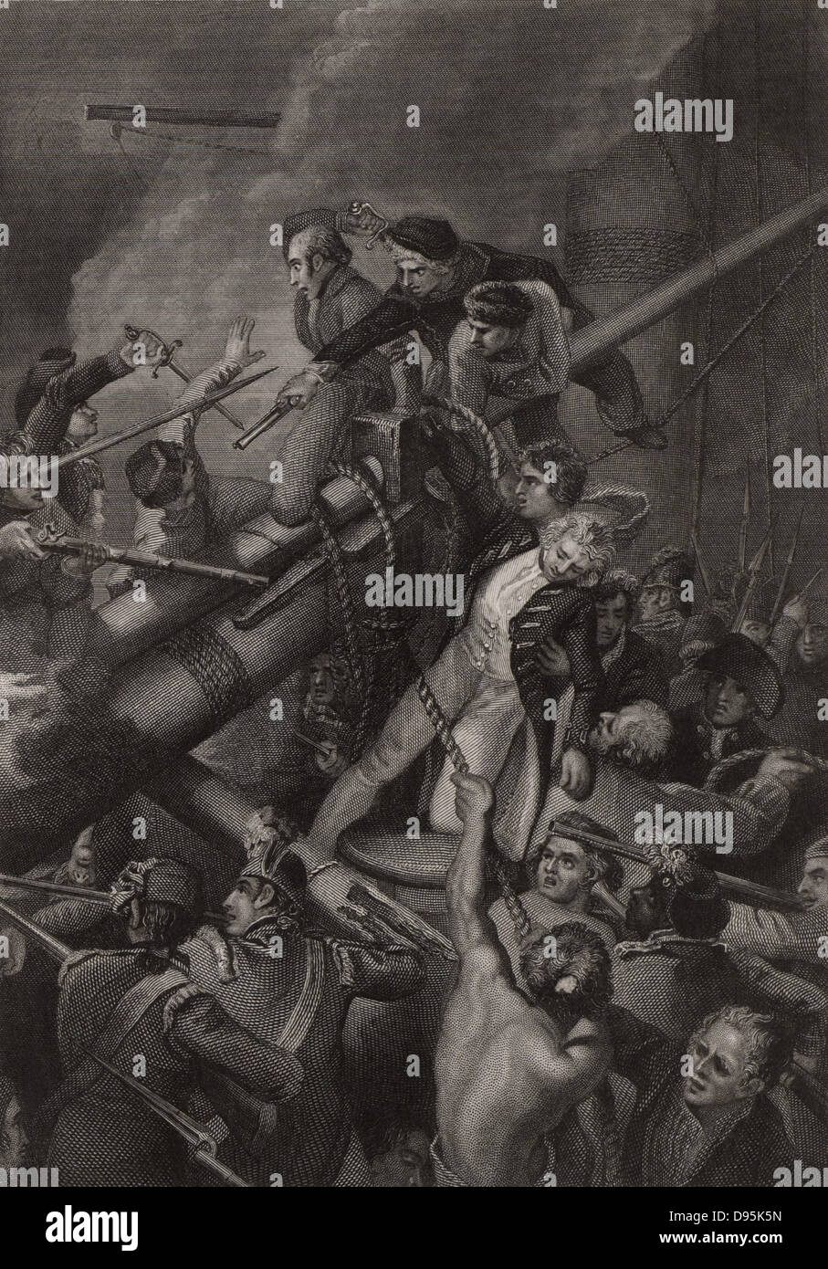 Il capitano Robert Faulknor (1763-1795), inglese ufficiale della marina, ucciso mentre cerca di ancorare il bompresso della fregata francese 'pique' per cabestano della sua nave "Blanche", fuori della Guadalupa. Durante il feroce impegno il capitano del 'pique' anche è stato ferito a morte. L'equipaggio di "Blanche" finalmente riuscito a catturare il 'pique'. Incisione. Foto Stock