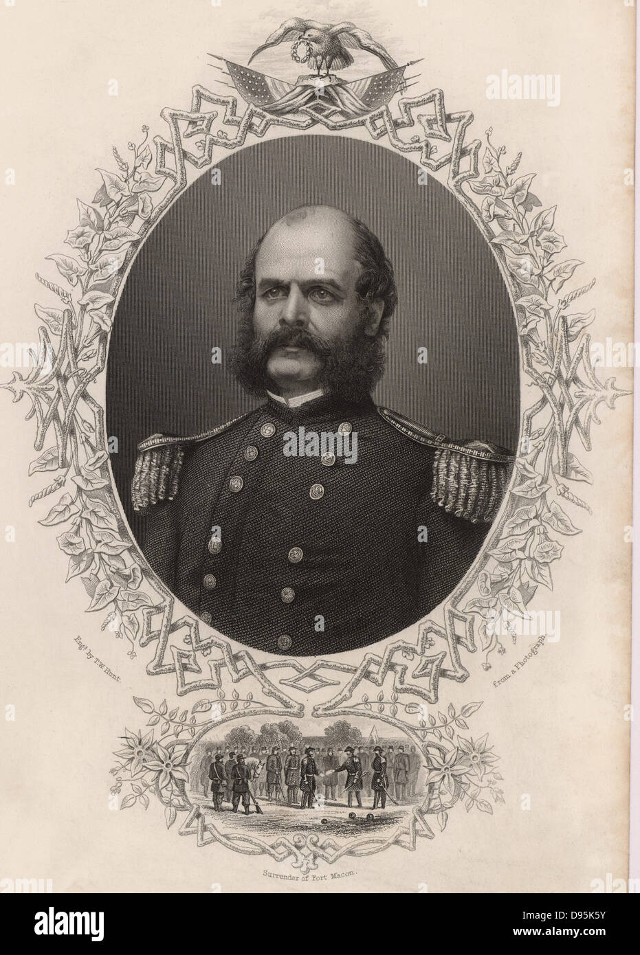 Ambrogio Everett Burnside (1824-81) soldato americano; generale unionista nella guerra civile americana. Il suo stile di capelli facciali è stato chiamato Burnsides ed è ora noto come le basette. Incisione Foto Stock