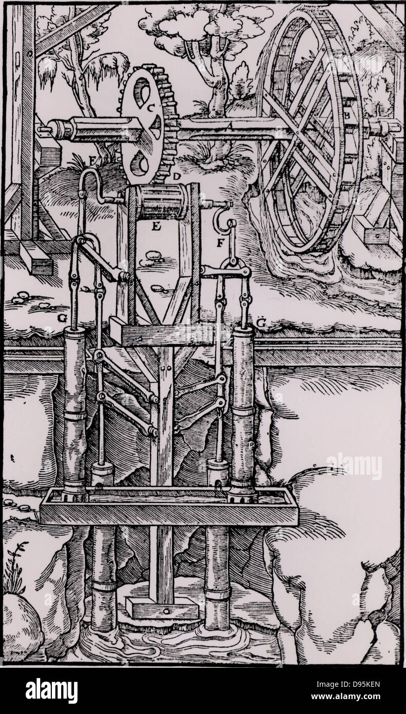 Più pompe di aspirazione, alimentato da un Overshot Acqua Ruota attraverso uno sperone ruota e lanterna, che viene utilizzato per sollevare l'acqua da una miniera. Da 'De re metallica', Agricola, pseudonimo di Georg Bauer (Basilea, 1556). Xilografia. Foto Stock