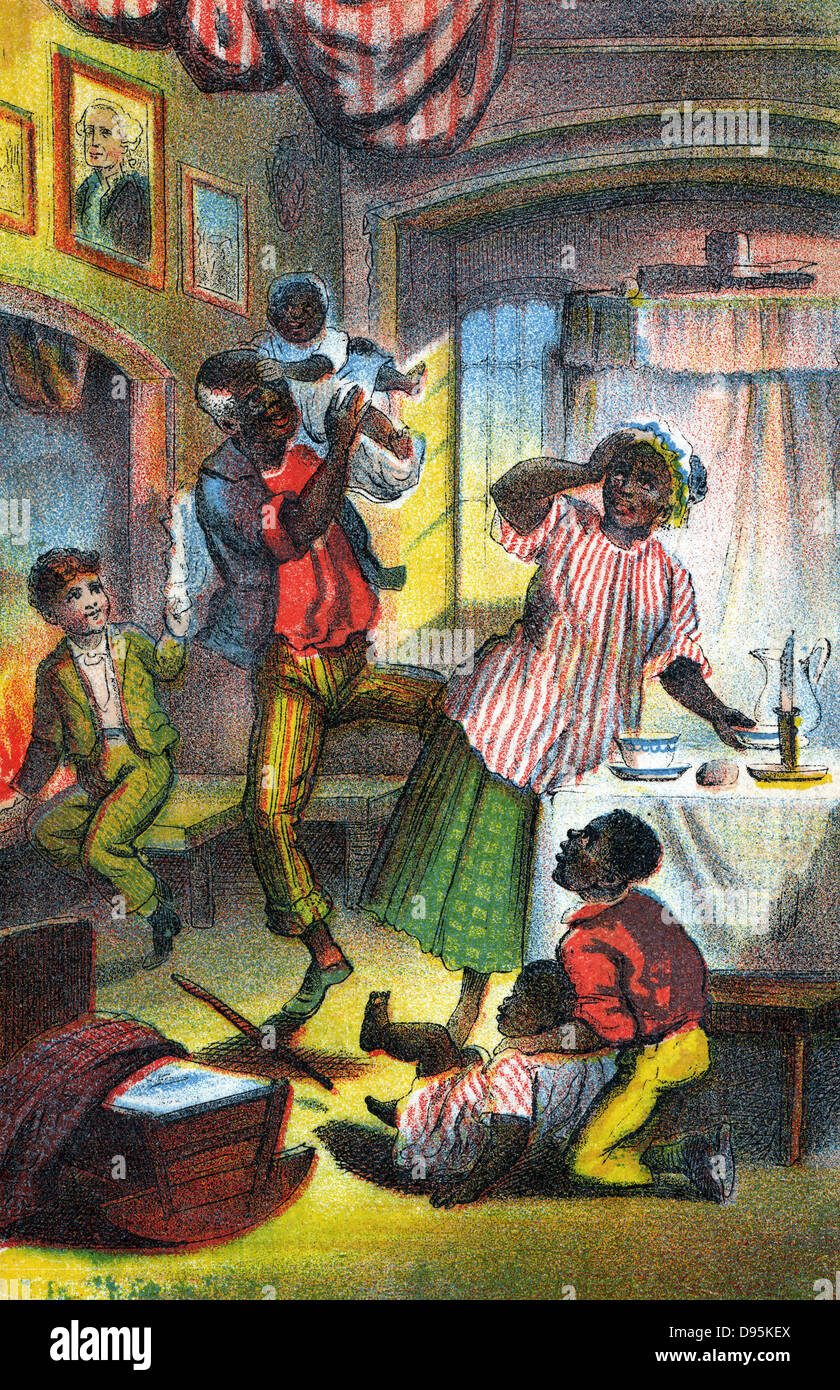 Harriet Beecher Stowe "capanna dello zio Tom" pubblicato per la prima volta 1852. In scena a Zio Tom la casa felice dove il "come"r George' è venuto a dare Tom un illecito la lettura e la scrittura di lezione. Chromolithograph c1870 Foto Stock