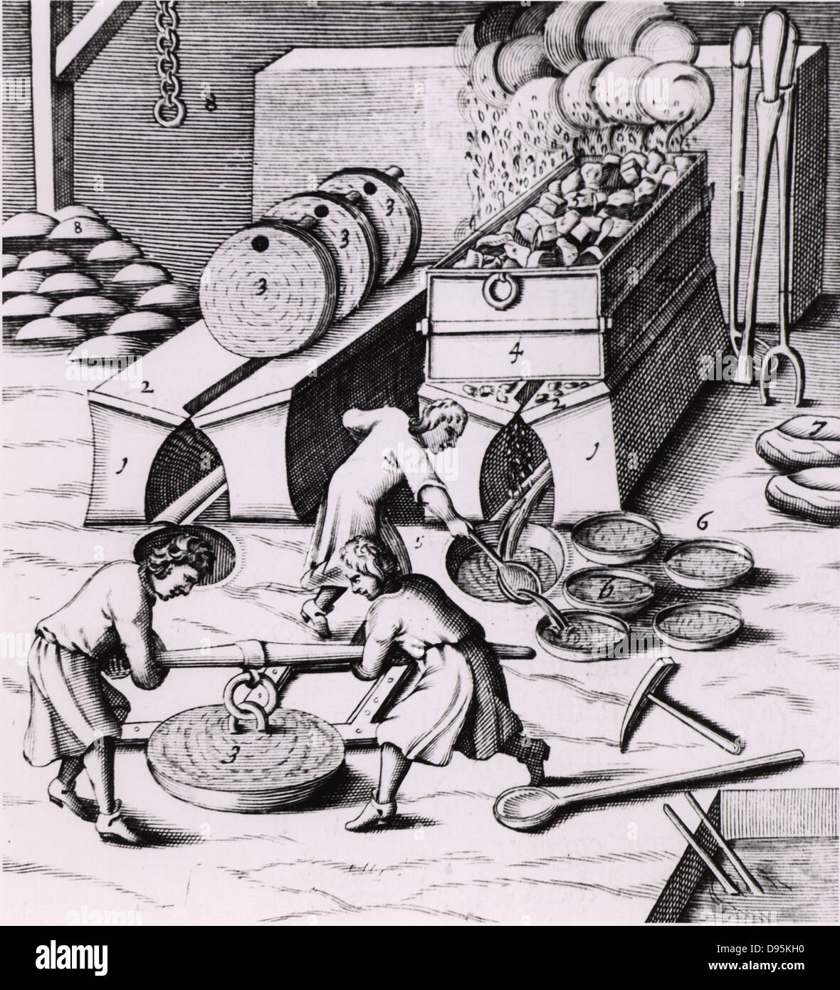 La fusione di rame. Da un 1683 edizione in lingua inglese di Lazarus Ercker 'Beschreibung allerfurnemisten mineralischen Ertzt- und Berckwercksarten' originariamente pubblicato a Praga nel 1574. Incisione su rame. Foto Stock