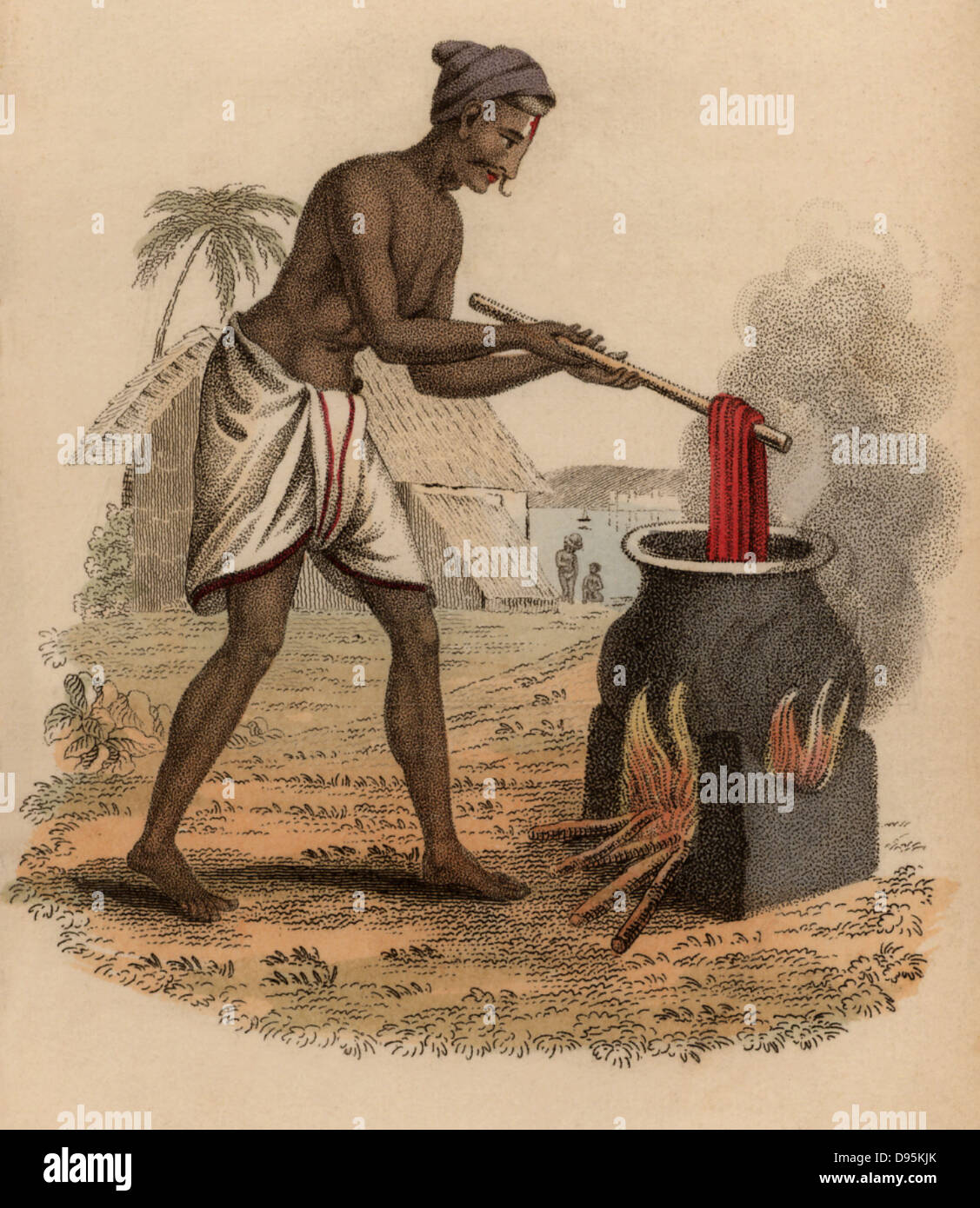 La tintura di matasse di seta, India. Colorate a mano pubblicato da incisione Rudolph Ackermann, Londra, 1822. Foto Stock