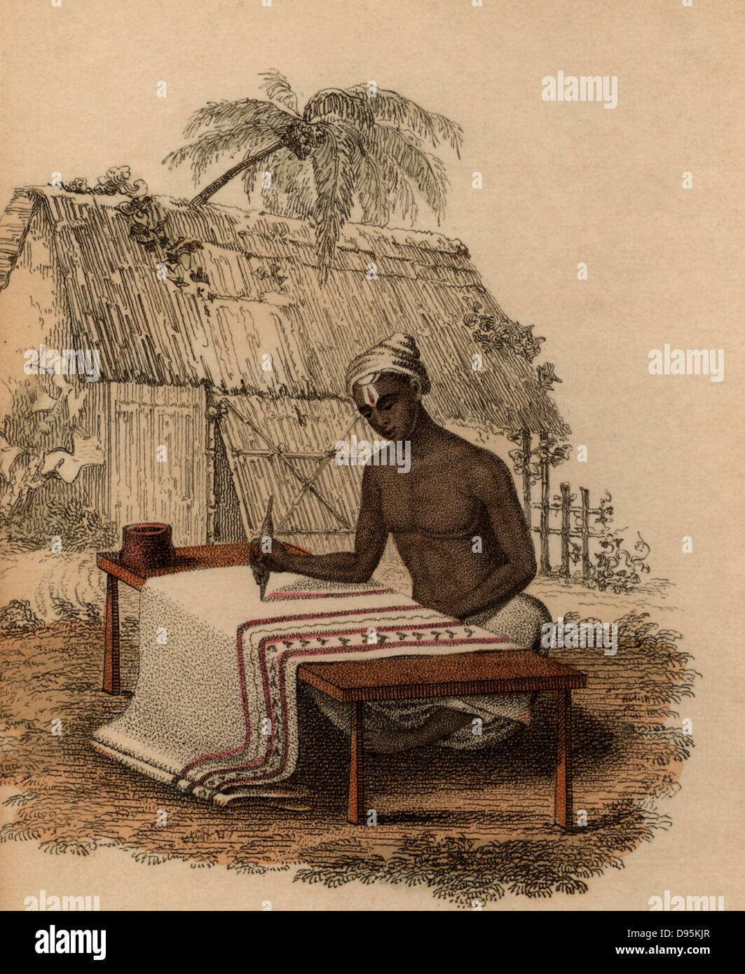 Mano-pittura panno di cotone: India. Colorate a mano pubblicato da incisione Rudolph Ackermann, Londra, 1822. Foto Stock