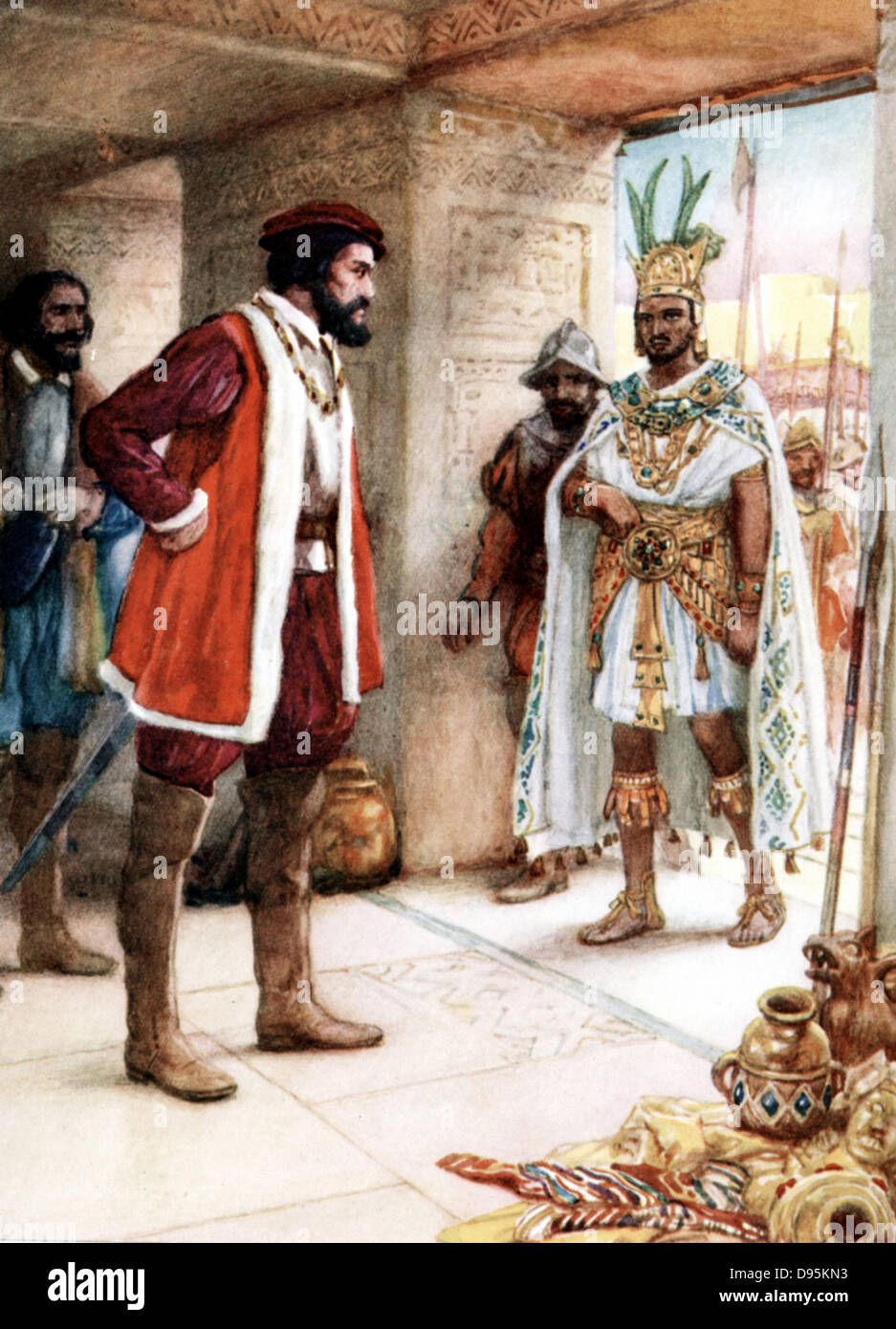 Hernando Cortez o Cortes (1485-1547) il conquistador spagnolo che hanno conquistato il Messico, con Motecuhzoma II, ultimo imperatore azteco, 1519. Nei primi anni del XX secolo illustrazione del libro. Foto Stock