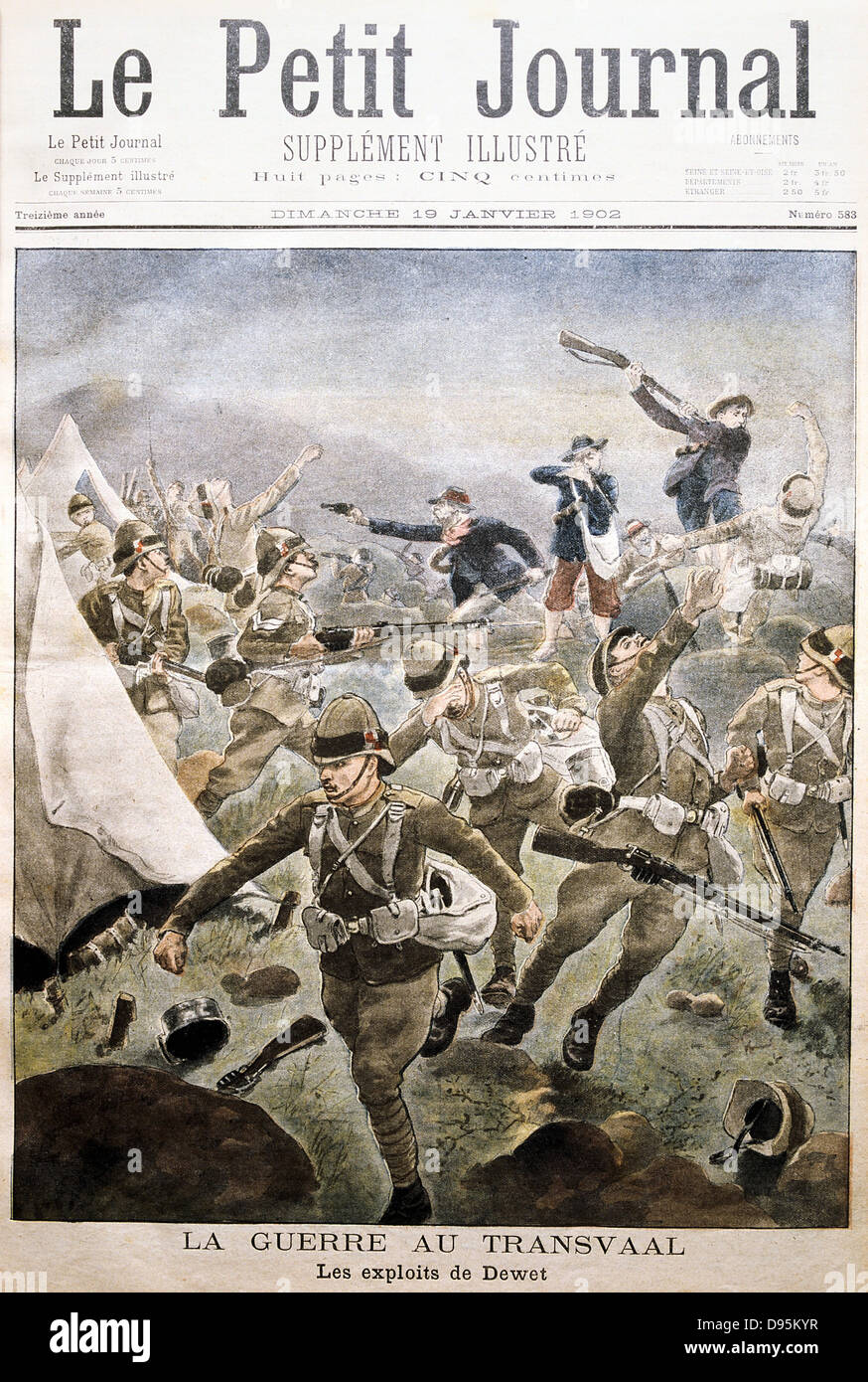 Guerra Boera: Boer forze sotto il generale sorprendente Dewet accampamento di soldati britannici a Tweefontein, 25 dicembre 1901. 368 British ucciso, ferito o presi prigionieri e le loro armi, munizioni e disposizioni sequestrati dalla Boers. Da "Le Petit Journal' Parigi, 19 gennaio 1902. Foto Stock