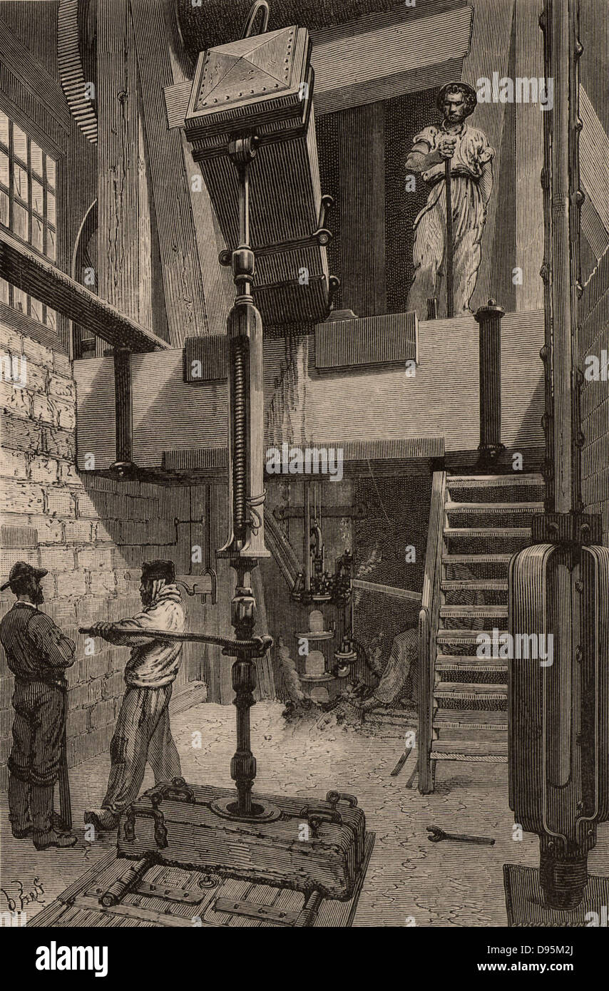 Ricerca di carbone con il noioso, Pas de Calais bacino, Francia. Macchina alesatrice alimentato da un motore a vapore. Da 'vita metropolitana; o, delle miniere e dei minatori di Louis Simonin (Londra, 1869). Incisione su legno. Foto Stock