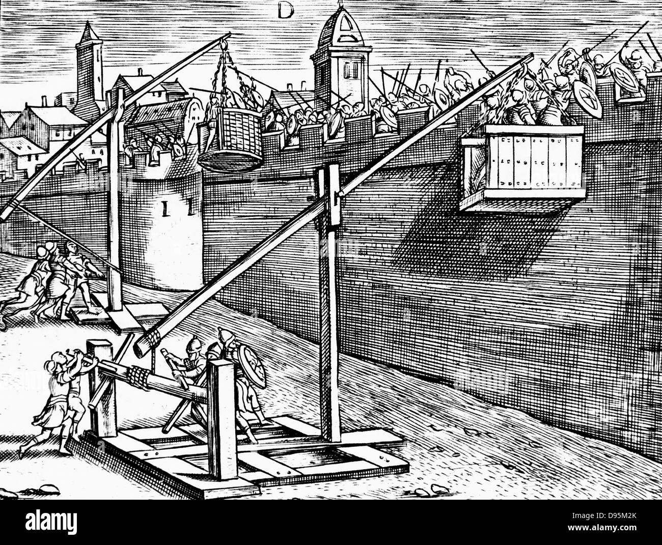 Roman warfare: sollevamento "panieri" di attaccanti di bastioni di una fortezza assediata. Da Justus Lipsius 'Poliorceticon' Anversa 1605. Incisione. Foto Stock