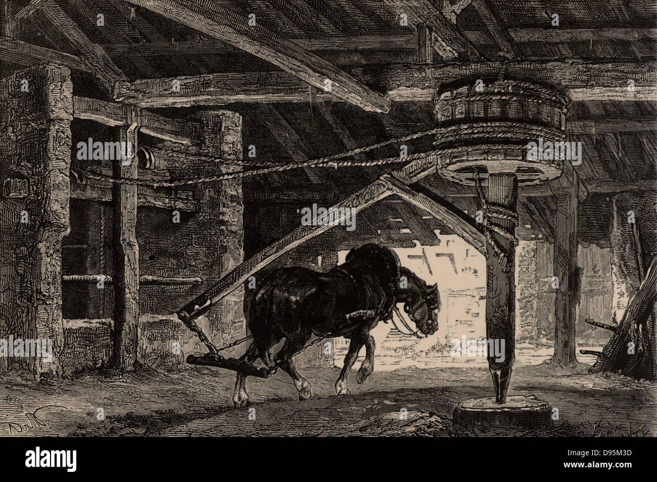 Un cavallo-capriccio del cavallo-gin. Un tale dispositivo è stato utilizzato per sollevare il carbone dal fondo di una miniera. Da 'vita metropolitana; o, delle miniere e dei minatori di Louis Simonin (Londra, 1869). Incisione su legno. Foto Stock