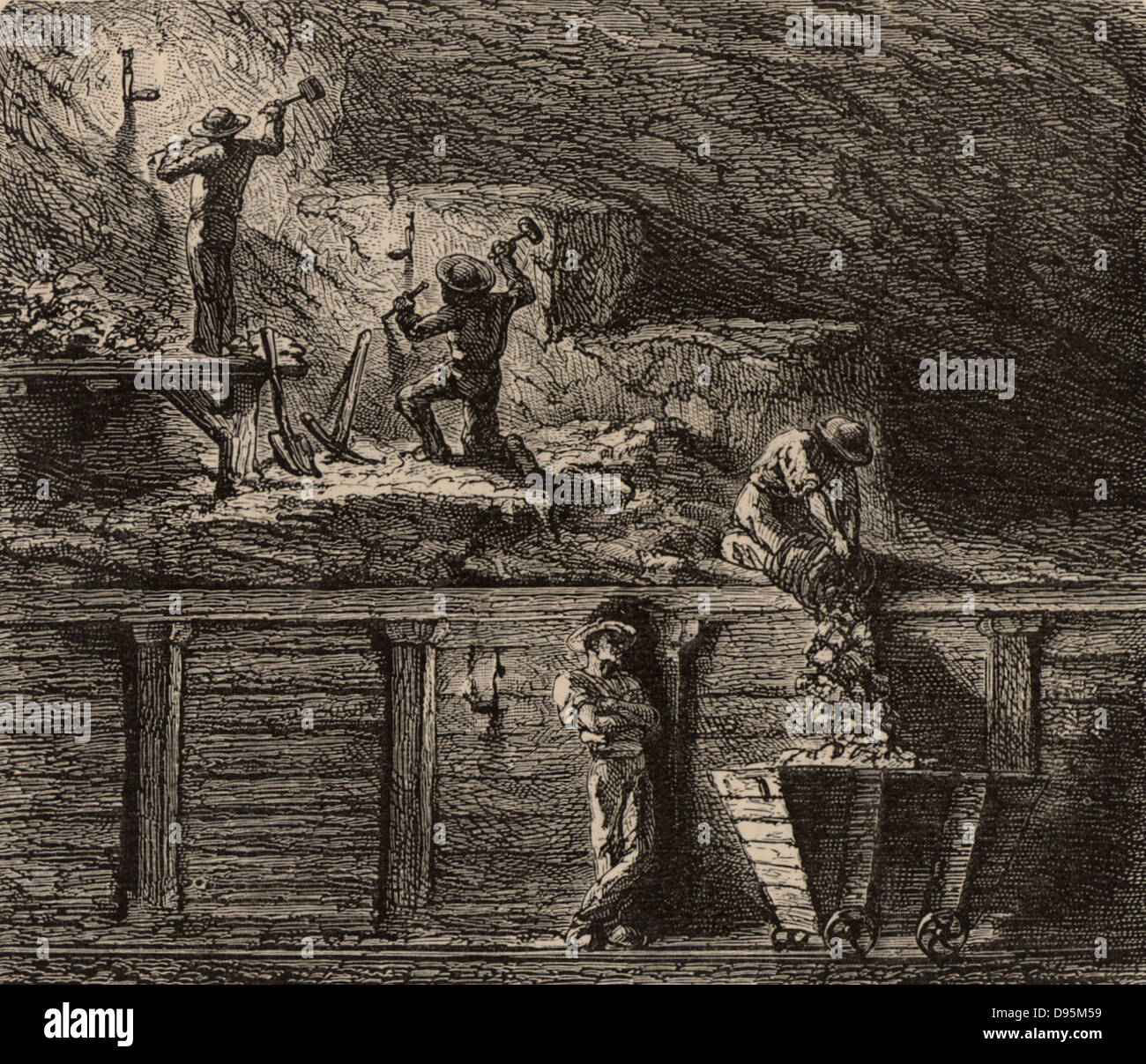 Minatori depositi metallici mediante livelli di discendente, un metodo praticato in Ungheria, la Sassonia e la Prussia agli inizi del XIX secolo. Da 'vita metropolitana; o, delle miniere e dei minatori di Louis Simonin (Londra, 1869). Incisione su legno. Foto Stock