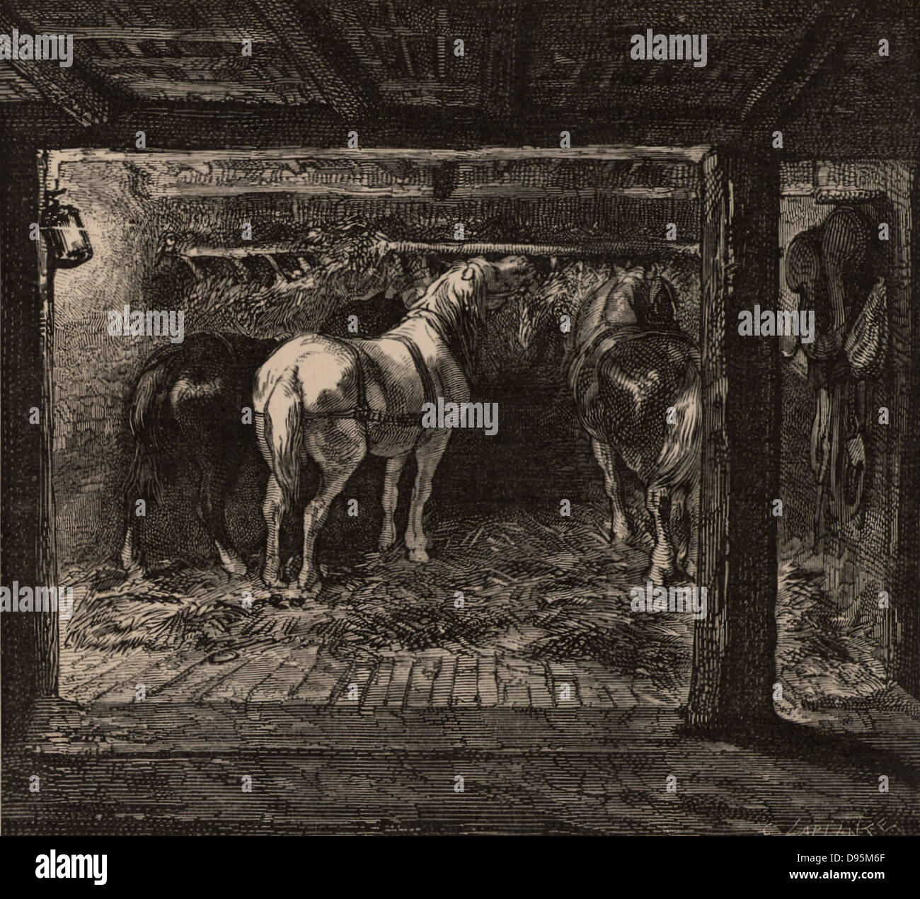 Pit pony nella loro metropolitana stabile in una miniera di carbone. Il pony sono stati utilizzati per il traino di carri lungo le rotaie in miniera lavorazioni. La Gran Bretagna. Da 'vita metropolitana; o, delle miniere e dei minatori di Louis Simonin (Londra, 1869). Incisione su legno. Foto Stock