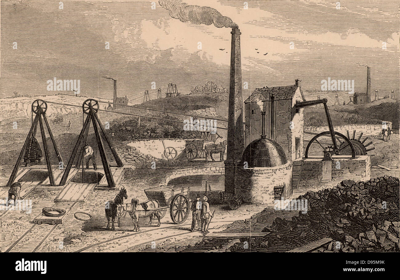 Motore a vapore o Whimsey per sollevamento del carbone dal fondo della fossa. South Staffordshire bacino, Inghilterra. Da 'l'encyclopaedia - Wikizionario di arti utili' di Charles Tomlinson (Londra, 1866). Incisione. Foto Stock