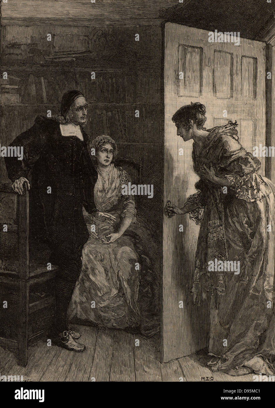 Richard Baxter (1615-1691) inglese non conformista ecclesiastico. Margaret Charlton, di anni 20, chiedendo a Richard Baxter di sposarla. A dispetto della loro disparità di età, avevano più di venti anni felici insieme fino a quando Margaret morì all'età di 42. Da "faretra" (London, 1883). Incisione. Foto Stock