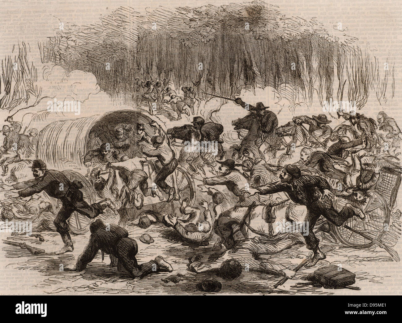 La guerra civile americana 1861-1865. La prima battaglia di Bull Run (Manassas, Virginia). Sconfitta e stampede dell'Unione truppe, 21 luglio 1861. Da 'l'Illustrated London News' (Londra, 1861). Incisione. Foto Stock