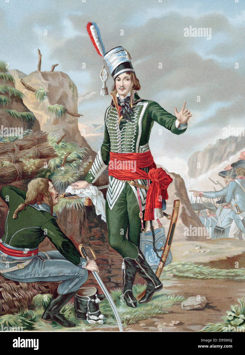 Francois Severin Marceau-Desgraviers (1769-1896) francese soldato rivoluzionario; esercito repubblicano di La Vendee; combattuto a Fleurus, Mainz, Mannheim e Coblenz. Ferito mortalmente Altenkirchen. Chromolithograph dopo la verniciatura. Foto Stock