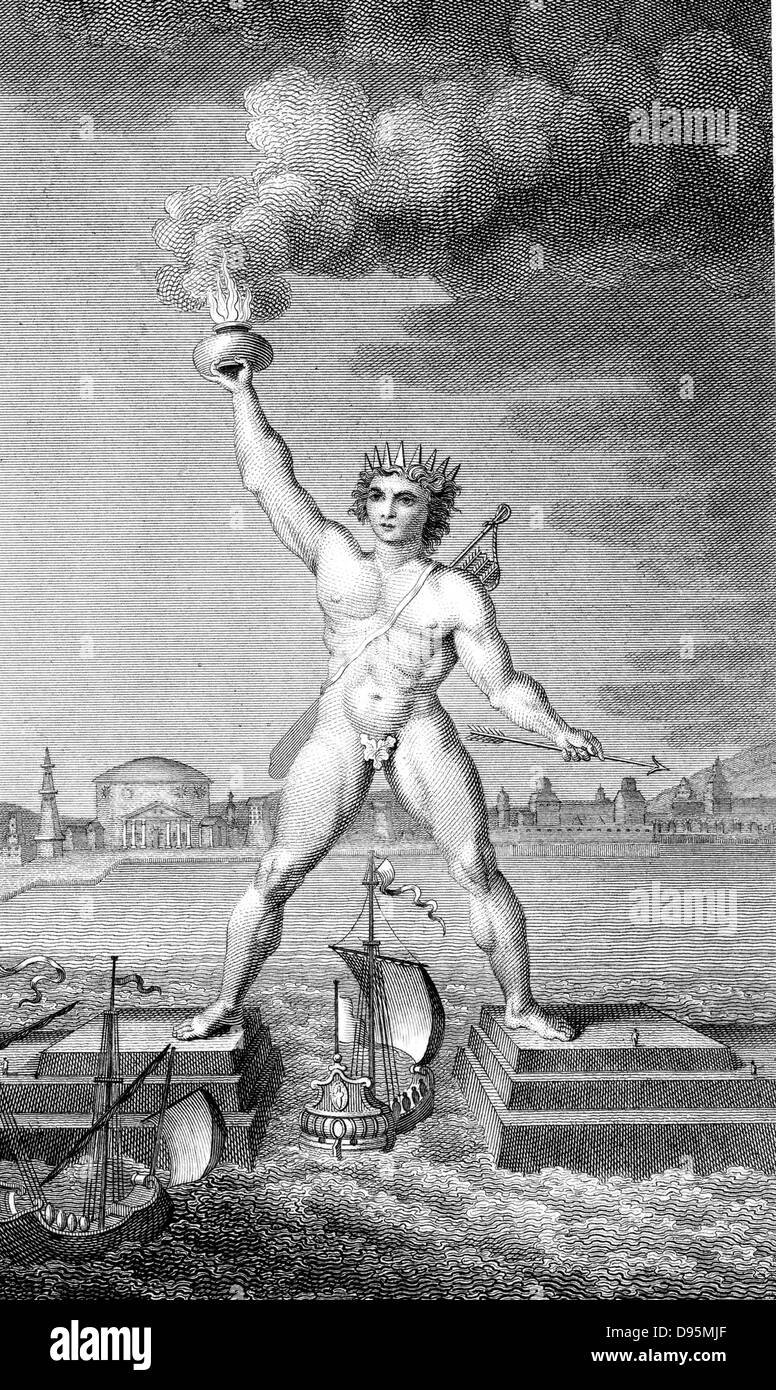 Colosso di Rodi, faro nella forma di un gigante di marcatura l'ingresso del porto di Rodi tenendo una torcia in mano, costruito c292-280 BC. Incisione. Foto Stock