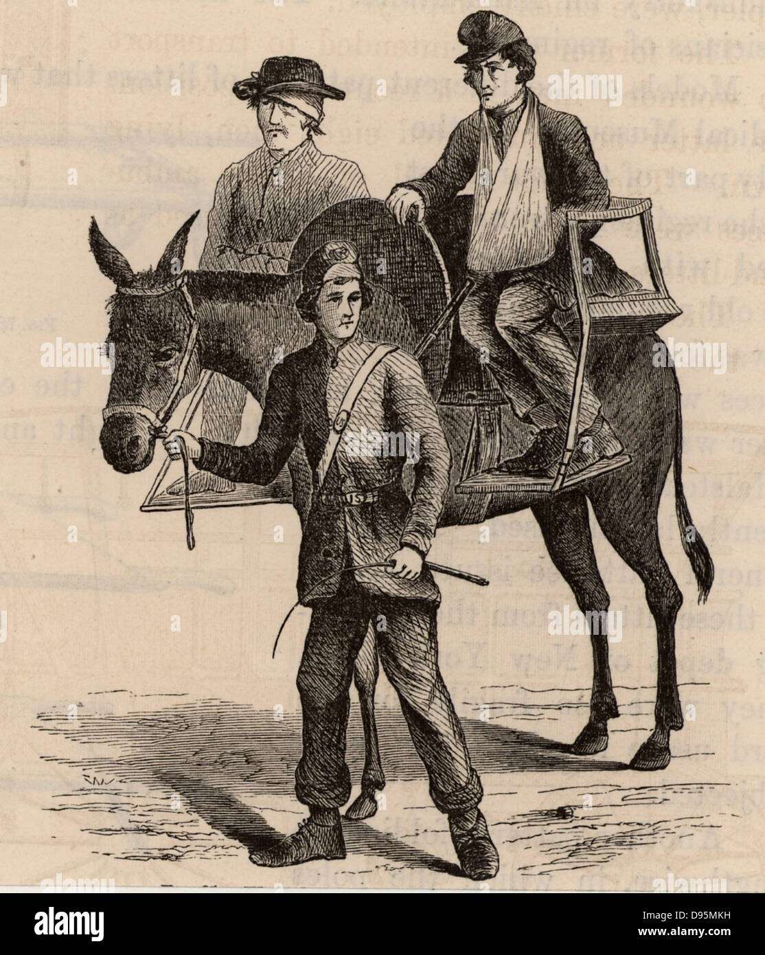 La guerra civile americana 1861-1865. Seduta di feriti trasportati a dorso di mulo in cacolets (sedie). Incisione su legno 1865. Foto Stock