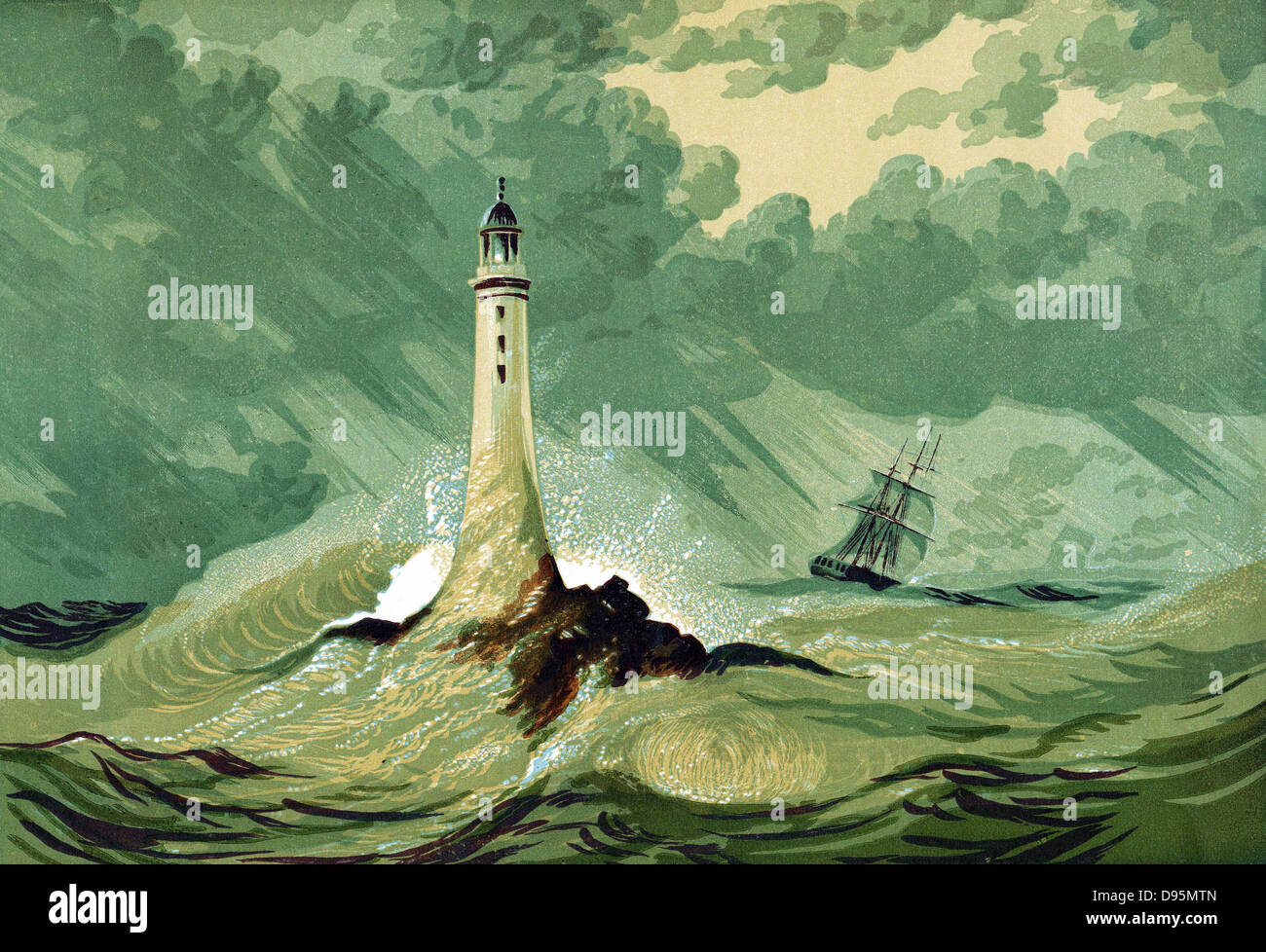 Terzo Eddystone faro di Eddystone Rocks, 15 miglia a sud di Plymouth nel Canale della Manica, costruito dagli inglesi di ingegnere civile John Smeaton (1724-1792) inizio nel 1756. Rimase in uso fino al 1877. Oleograph c1850 Foto Stock