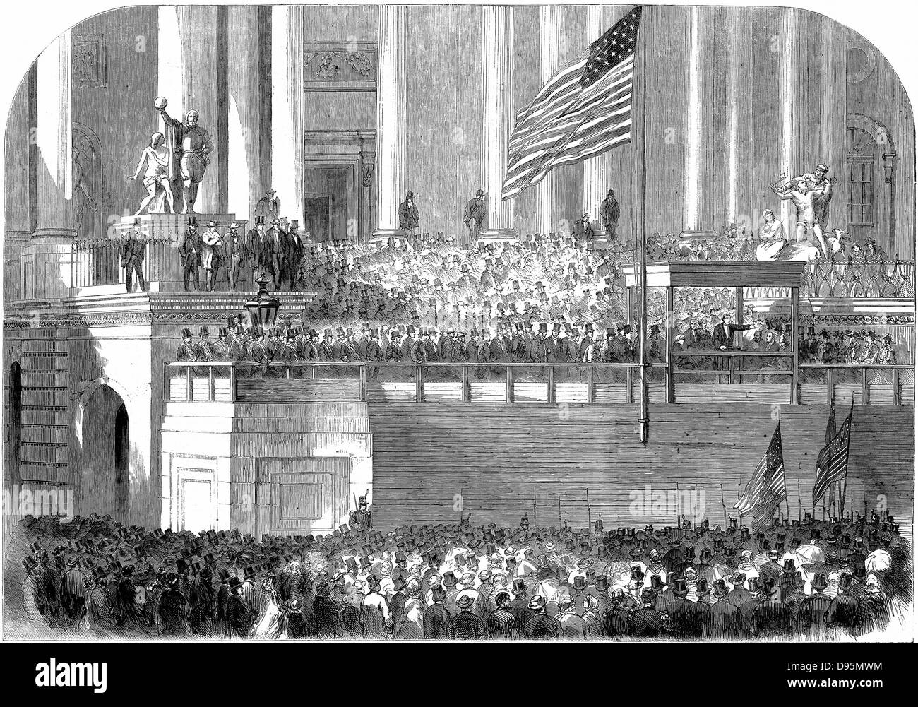 Abramo Lincoln (1809-1865) consegnando il suo discorso inaugurale come presidente di fronte al Campidoglio di Washington il 4 marzo 1861. Incisione su legno. Foto Stock