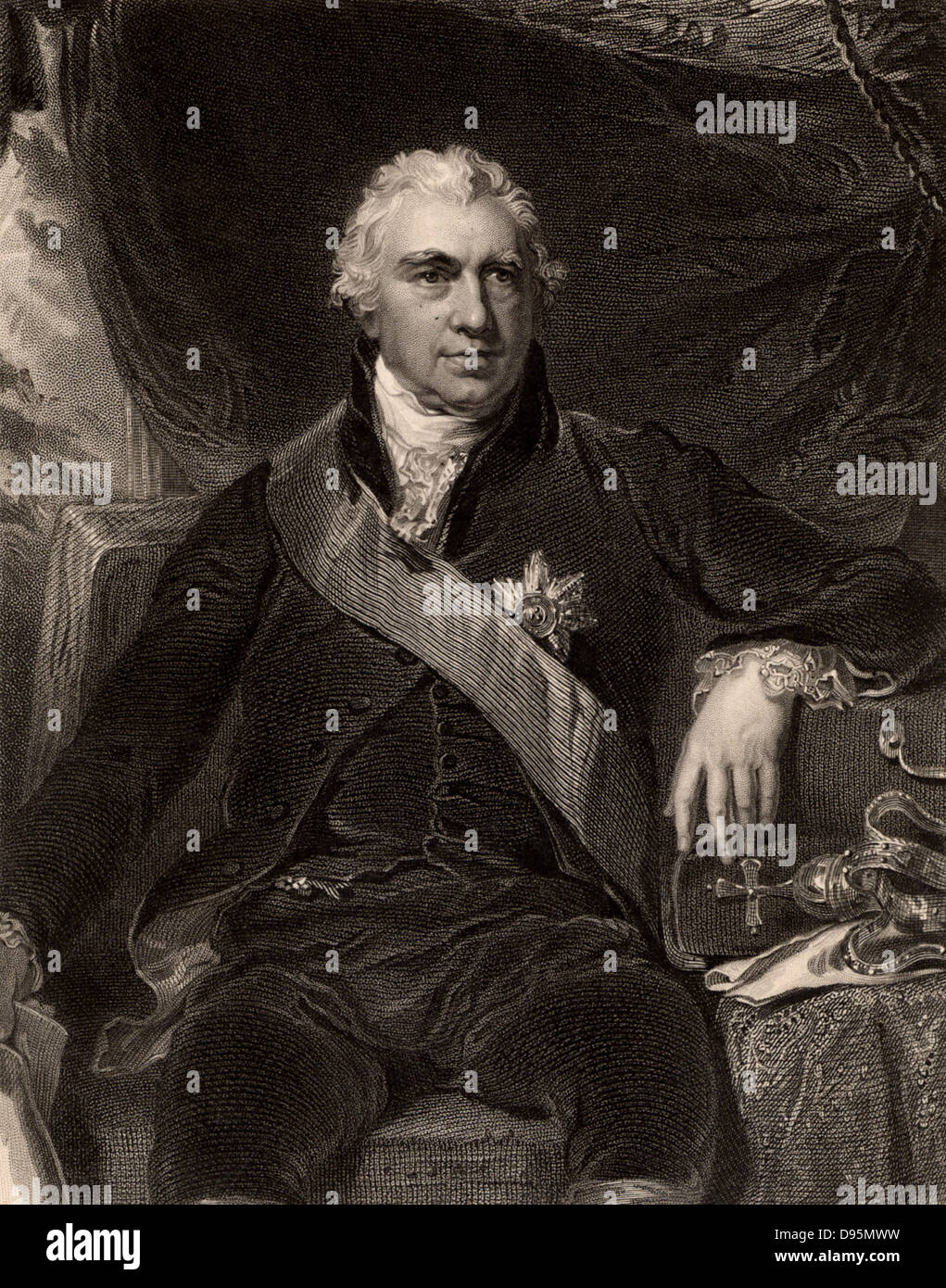 Joseph Banks (1743-1820), botanico inglese e impianto collettore; navigato con James Cook su "Endeavour" 1768-1871; presidente della Royal Society per 41 anni dal 1778; dopo incisione ritratto da Thomas Lawrence. Foto Stock