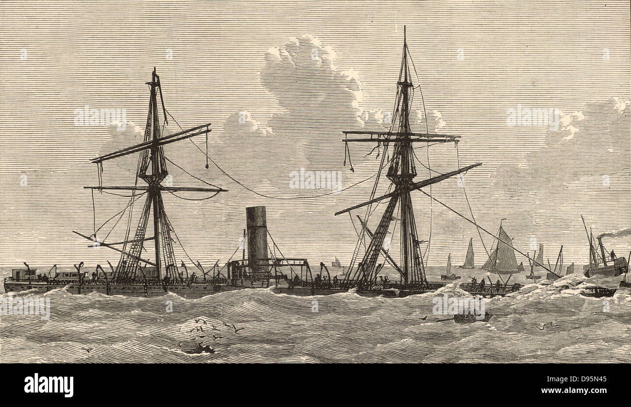 Nave a vapore 'Deutschland' naufragata sulla sandbank off l'estuario del Tamigi conosciuta come Kentish Knock durante una tempesta nella notte del 6 al 7 dicembre 1875. Tra quelli a bordo che sono stati persi erano cinque monache francescane, i rifugiati provenienti dalla Germania di anti-cattolica Leggi Falk. Il gesuita inglese poeta Gerard ha commemorato il caso nel suo poema "Il naufragio del Deutschland " (1876). Incisione da "Mare" da F Whymper (Londra, c1890). Foto Stock