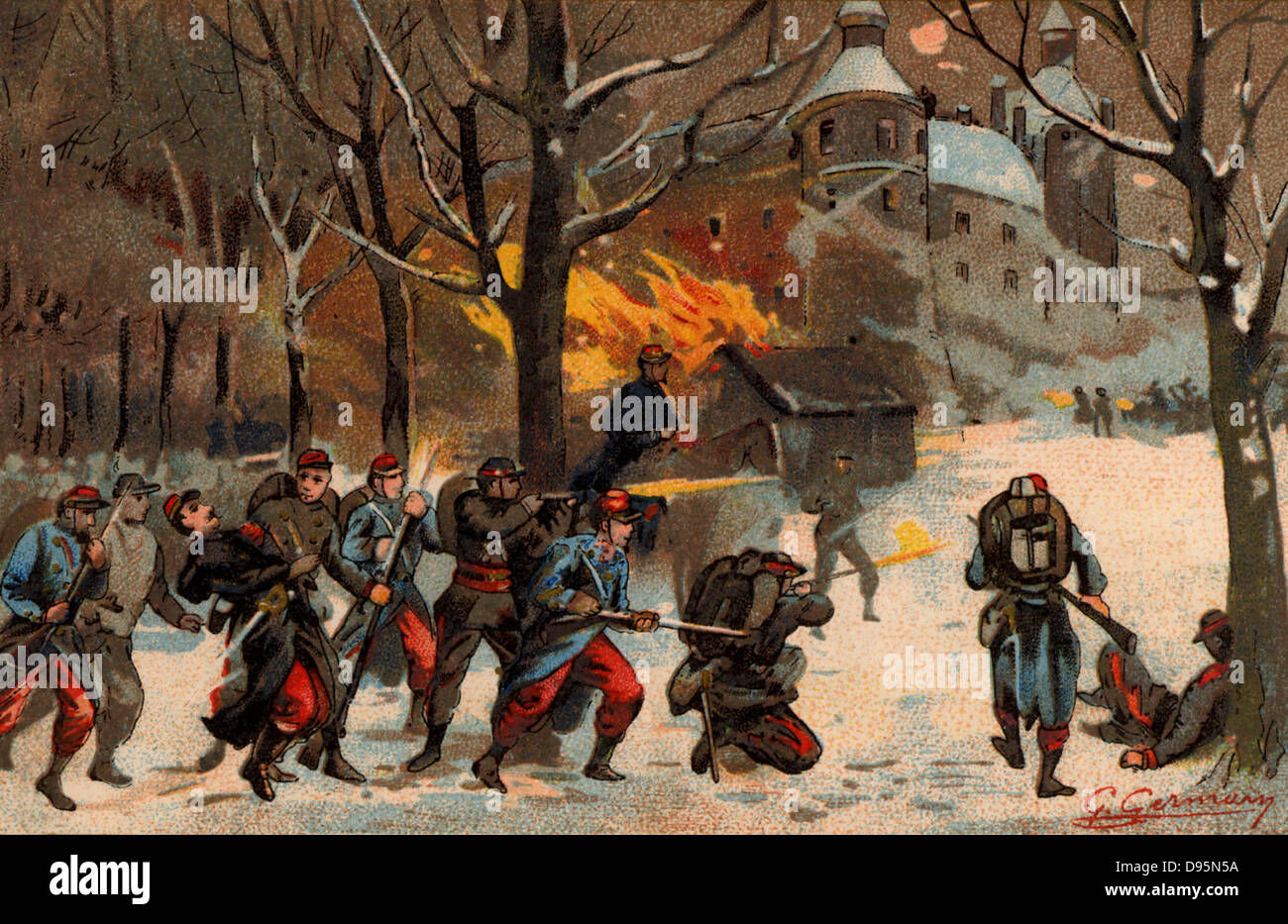 Guerra franco-prussiana 1870-1871. Battaglia di Hericourt vicino a Belfort, 16, 17 e 18 gennaio 1871. Il francese sotto il generale Charles Denis Bourbaki (1816-1897) sono stati sconfitti bene dalla Prussia forze. Commercio Francese carta rilasciata c1885. Chromolithograph. Foto Stock