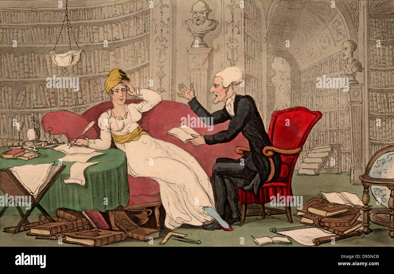 La sintassi di Dr con una calza blu bellezza. Il Blu calze erano un gruppo informale di educata, intellettuale e donne letteraria del XVIII e XIX secolo. Thomas Rowlandson illustrazione per 'Il Tour della sintassi Dr' da William Combe (Londra, 1820). La puntasecca. Foto Stock