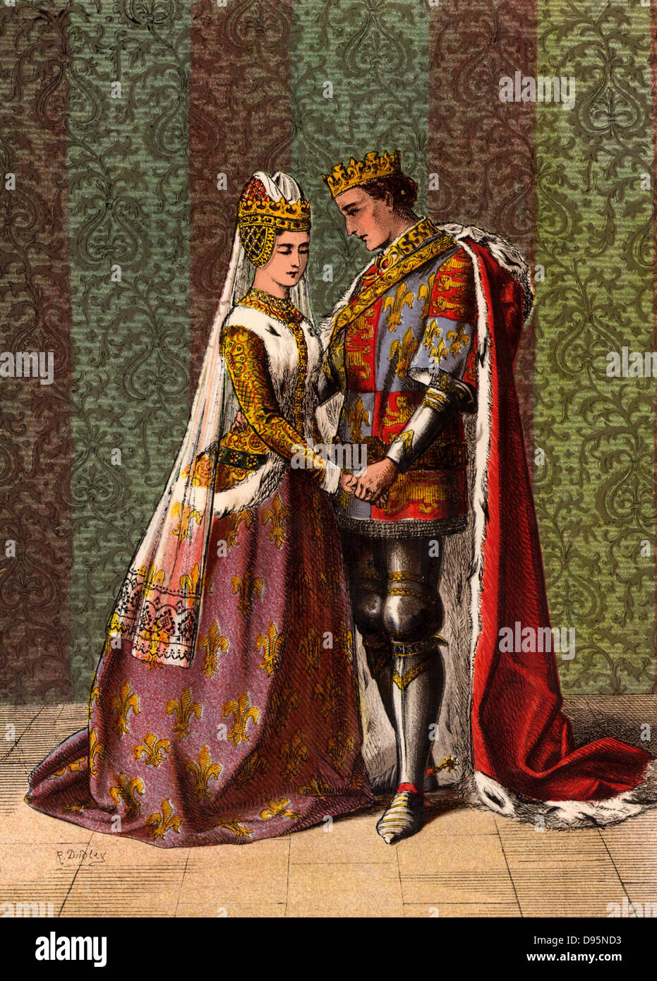 Enrico V (1387-1422), re d'Inghilterra dal 1413, corteggiare Katherine, figlia del re francese. "Re Enrico V' Atto V, scena II. Illustrazione di Robert Dudley (1858-1893 attivo) 1856-1858 pubblicato per il dramma storico "Re Enrico V' da William Shakespeare, scritto 1599. Henry ha sposato Caterina di Valois nel 1420 dopo aver concluso la 'pace perpetua' di Troyes. Chromolithograph. Foto Stock