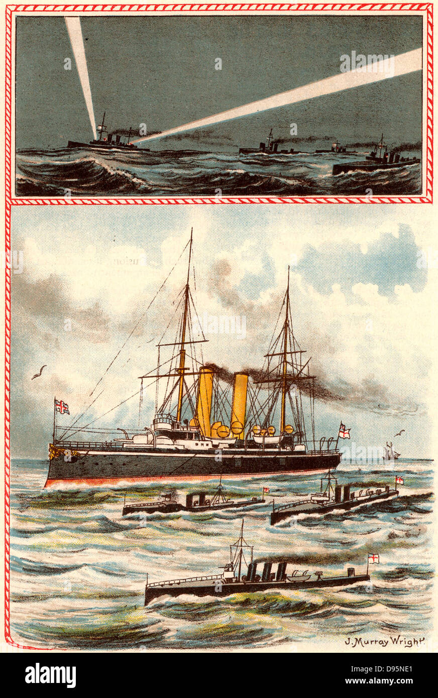 Le navi della marina britannica: una prima classe Cruiser e torpediniere. Top: Segnalazione di notte utilizzando i proiettori. Da "bolle" c1900 pubblicato da Dr Barnados case di accoglienza per bambini. Oleograph. Foto Stock