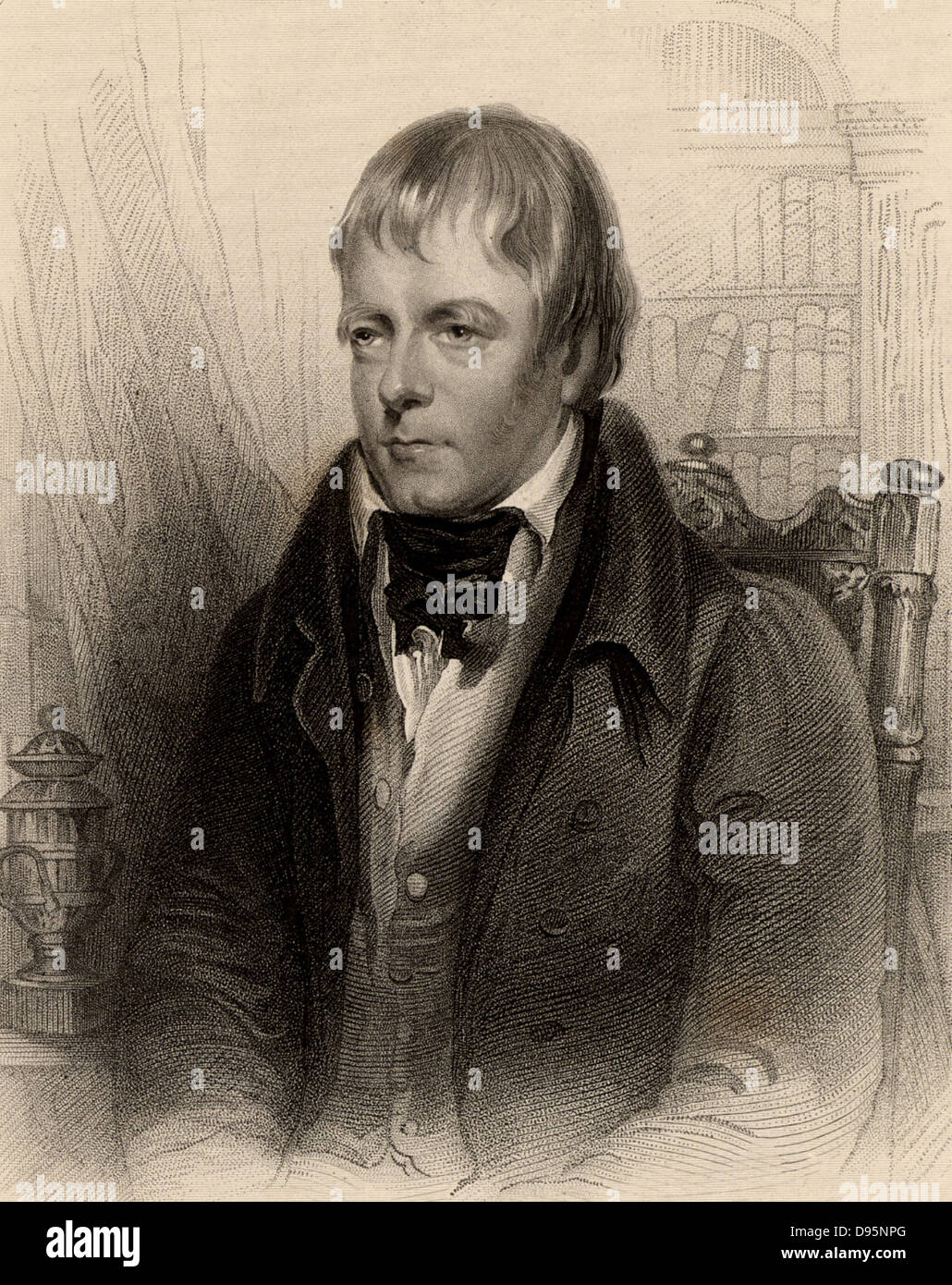 Walter Scott (1771-1832) autore scozzese e poeta. Ricordato per la sua storica romanzi di Waverley. Incisione da 'un Dizionario biografico di eminenti Scotsmen' da Thomas Thomson (1870). Foto Stock
