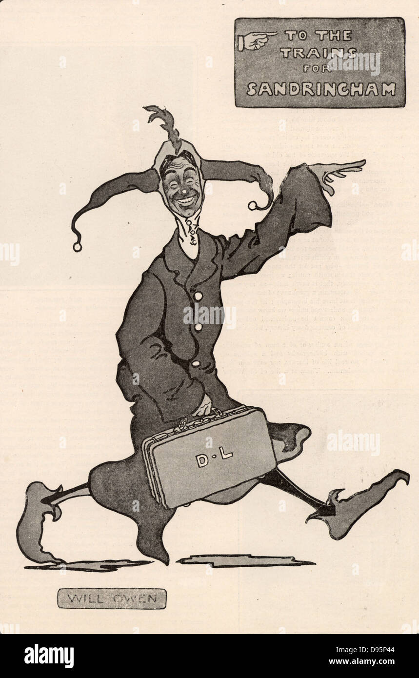 Dan Leno (1860-1904) nato George Wild Galvin. Popolare inglese cockney comico e pantomime dame. Leno sul suo modo di Sandringham per dare una reale delle prestazioni del comando a Edward VII. Cartone animato da saranno Owen (1869-1857), pubblicato il 4 dicembre 1901. Foto Stock