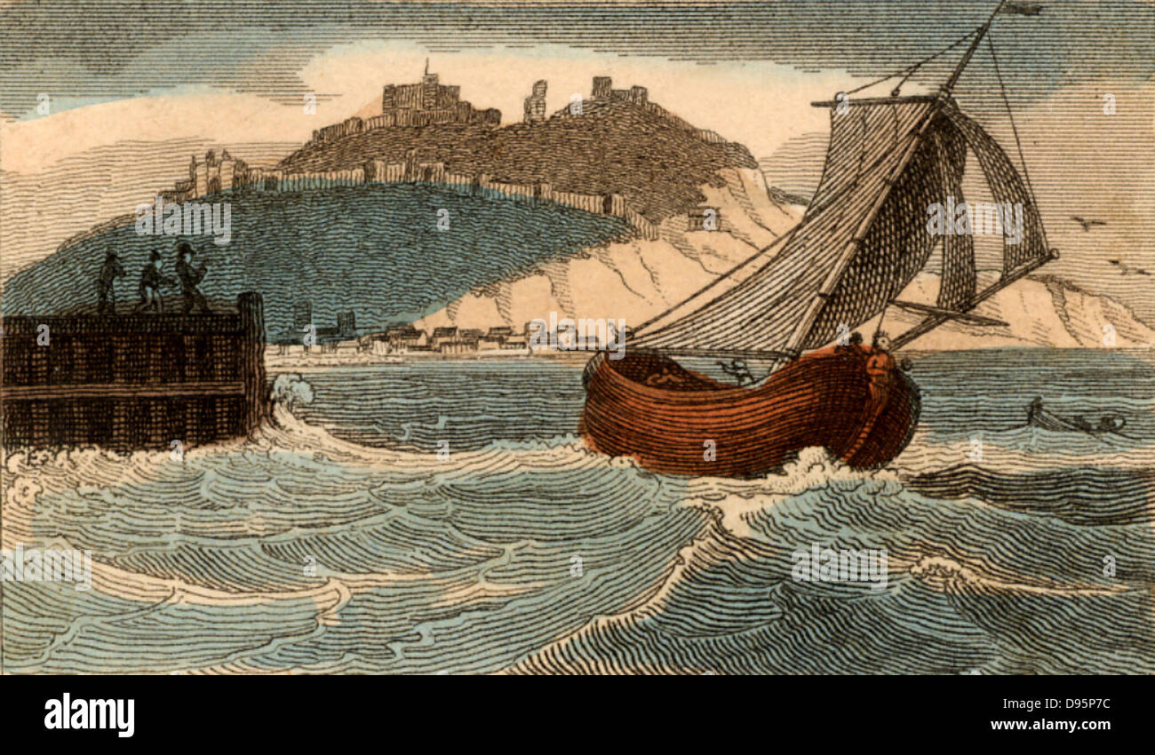 Barca a pacchetto lasciando Dover, Kent, Inghilterra, per la Francia. Barche a pacchetto portato la posta. Da 'Scenes in Inghilterra " dal Rev. Isaac Taylor, Londra, 1822. Colorate a mano incisione. Foto Stock