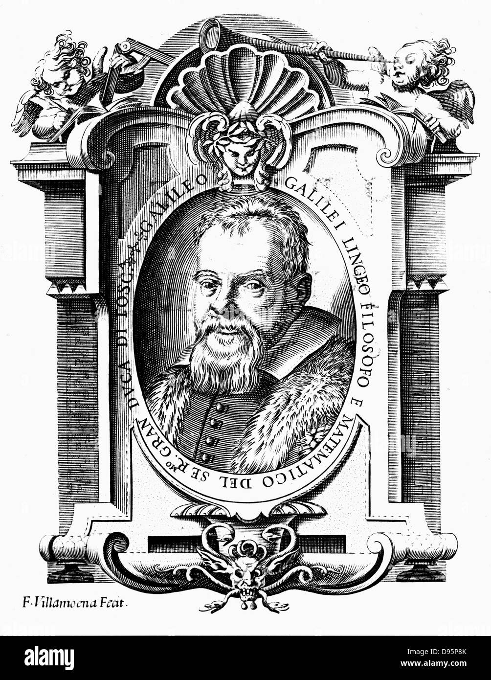 Galileo Galilei (1564-1642) Italiano astronomo e matematico. Ritratto dal frontespizio del suo "Istoria' (1613) e 'Il Saggiatore" (1623). Cherubino, sinistra, detiene Galileo compasso militare, mentre quello a destra contiene un telescopio. Incisione su rame. Foto Stock