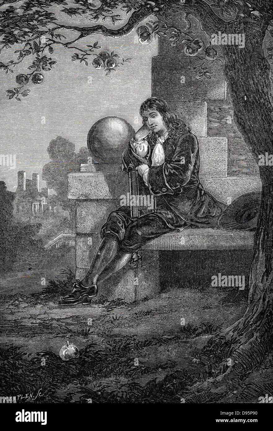 Isaac Newton (1642-1727) scienziato inglese & matematico. Artista della impressione di Newton nel frutteto a Woolsthorpe quando una mela cadde e impostare lui pensando di gravità. Incisione su legno c1880. Foto Stock