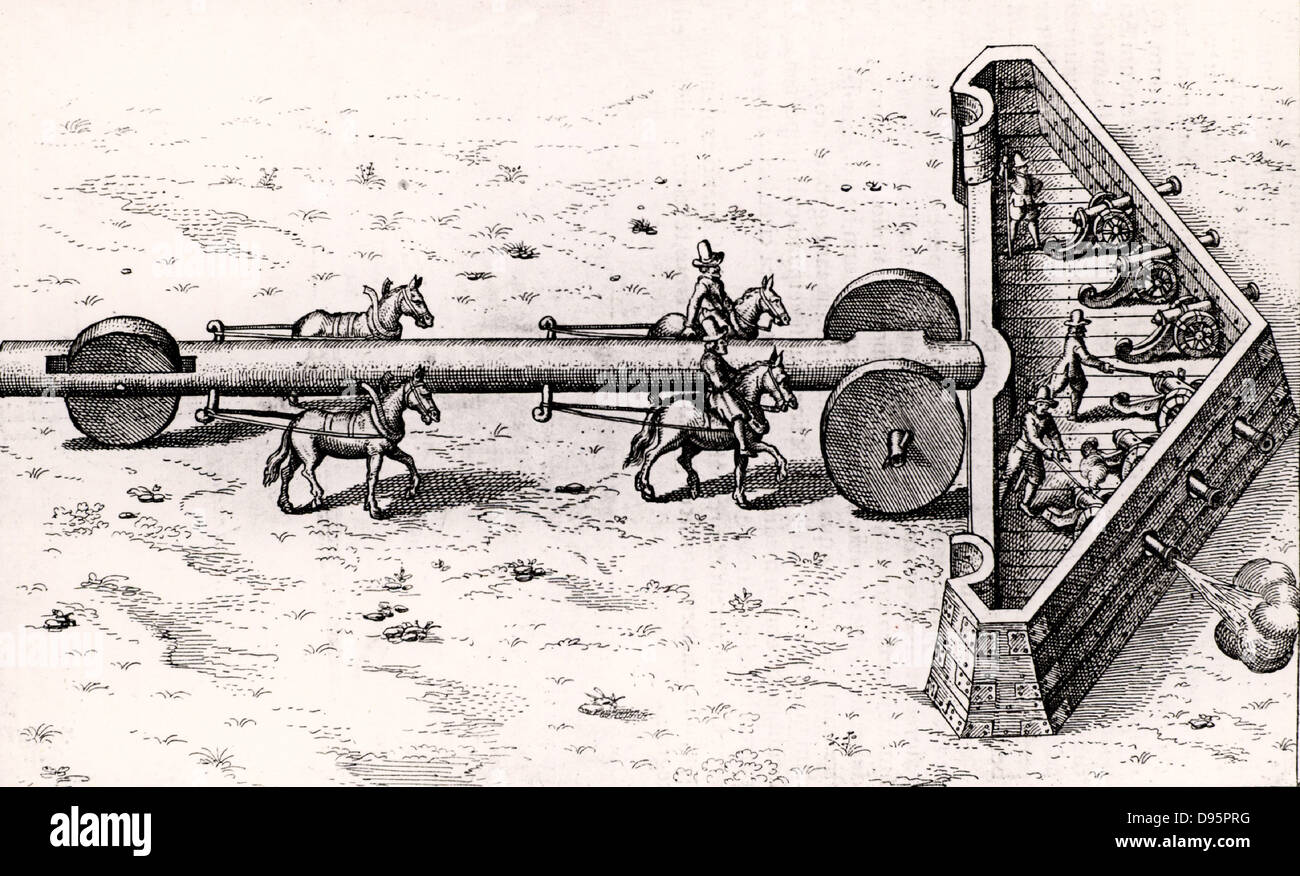 Metodo proposto di spostare la batteria di artiglieria verso il nemico mentre dà una certa protezione per i cannoni e artiglieri. Incisione da 'Utriusque cosmi ... historia da Robert Fludd (Oppenheim, 1617-1619). Foto Stock