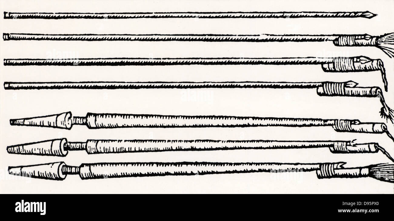 Lucci e lance dotati di piccoli tubi antincendio che, quando accesa, a propulsione missili verso il nemico. Da 'De la pirotechnia' di Vannoccio Biringuccio (Venezia, 1540). Xilografia. Foto Stock