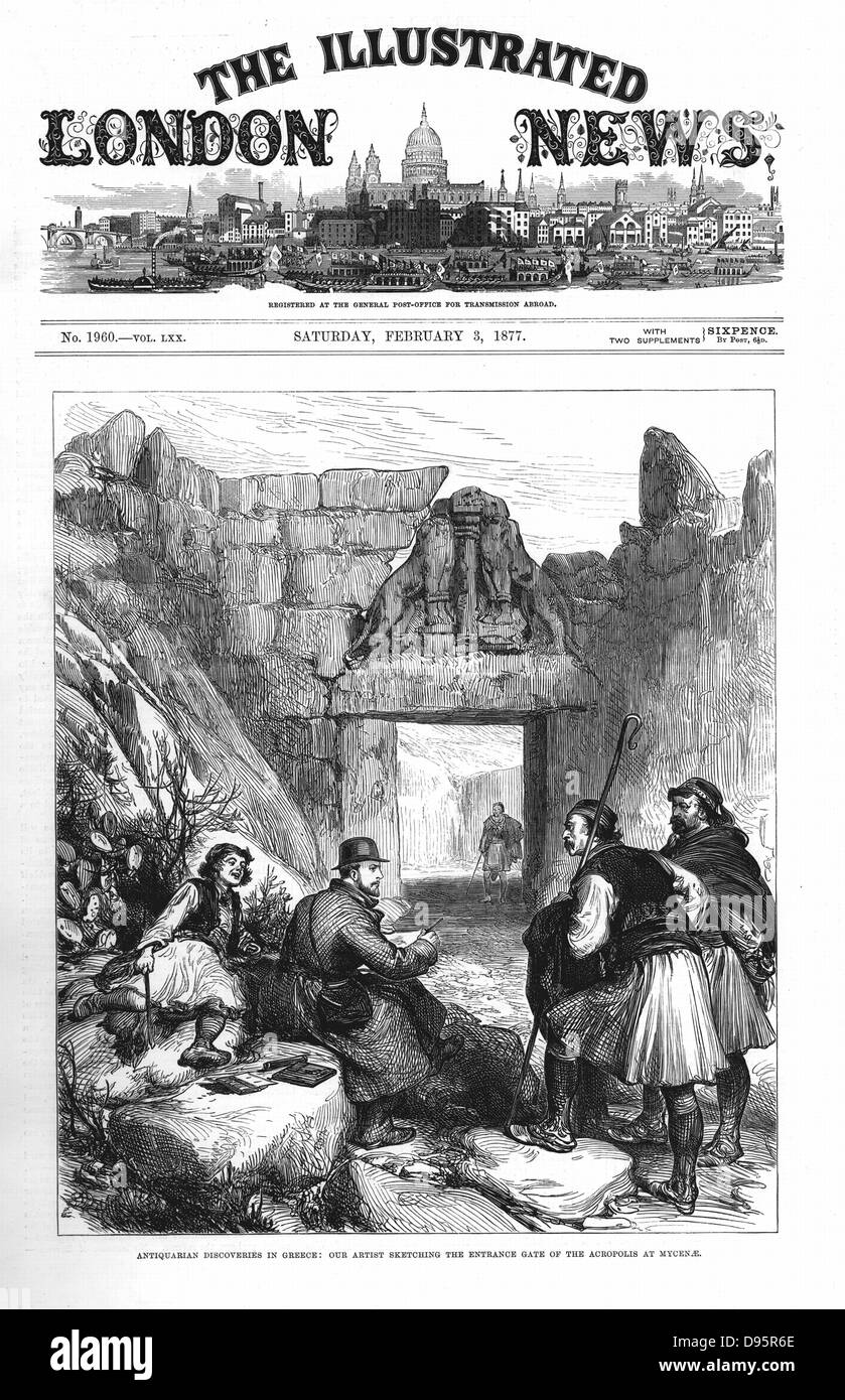 Schliemann gli scavi a Micene. 'Illustrated London News' artista delineando nella parte anteriore del gateway di Lion a Micene 1877. Incisione. Foto Stock