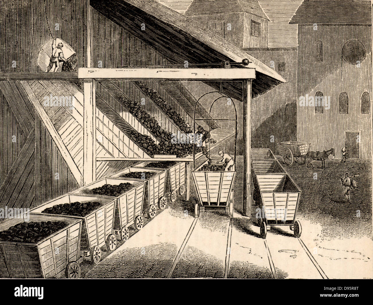 Screening e ordinamento del carbone in gradi diversi e caricamento in vagoni ferroviari, South Hetton Colliery, County Durham, Inghilterra. Incisione da "Penny Magazine' (Londra, Aprile 1835). Foto Stock