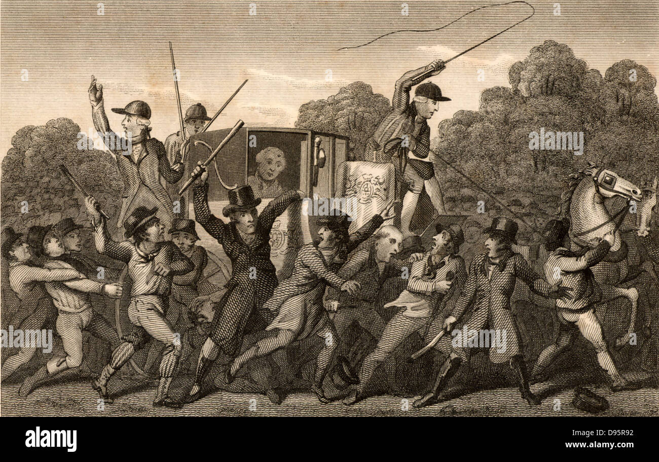 Attentato alla vita di George III (1738-1820), re di Gran Bretagna e Irlanda dal 1760. Attentato alla vita del re il 25 ottobre 1795. Incisione pubblicato nel 1820. Foto Stock