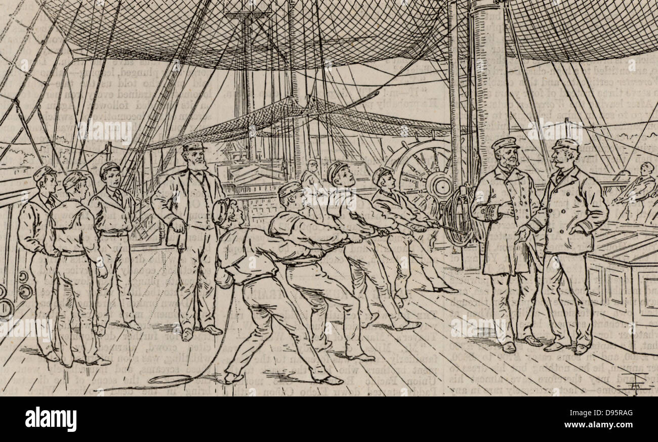Cadetti navali sulla Royal Navy formazione nave HMS Worcester. Alaggio sulla presa di terzaroli affrontare durante il trapano a vela. Xilografia, Londra, 1888. Foto Stock