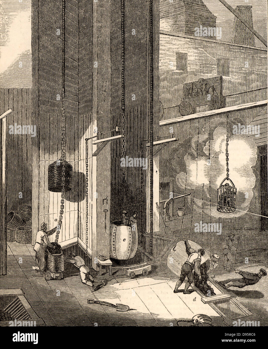 Testa di pit di scena a South Hetton Colliery, County Durham, Inghilterra: a) Banksman corves sganciamento, b) un martello per la segnalazione al fondo dell'albero, c) i minatori discendente l'albero in una corve, d) Banksman e ragazzo le riprese del carbone attraverso i fori di vagliatura incisione da "Penny Magazine' (Londra, marzo 1835). Foto Stock