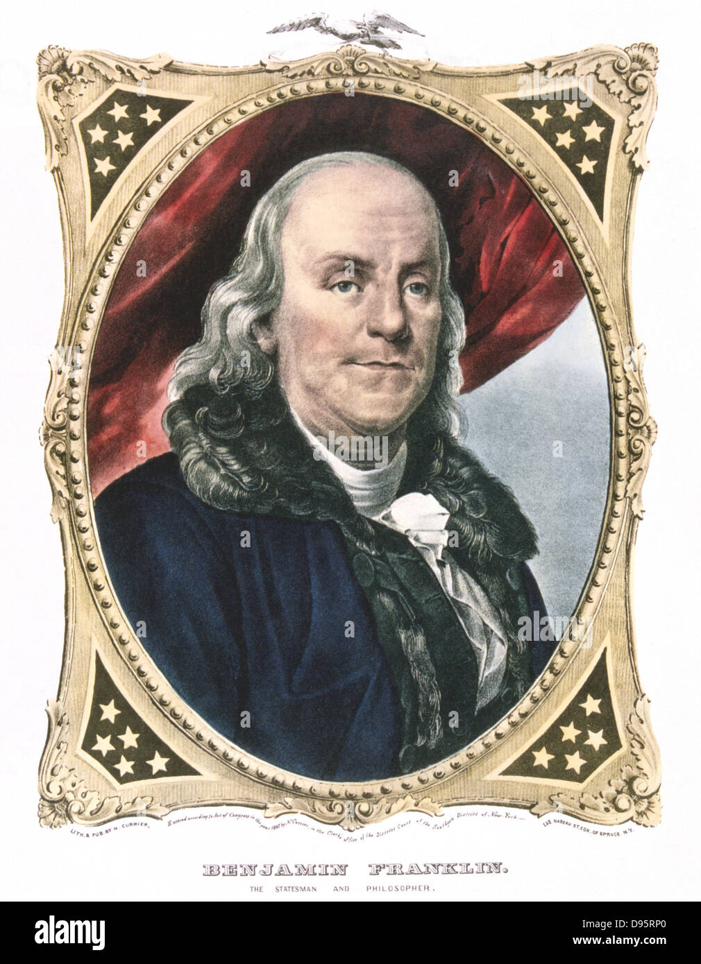 Benjamin Franklin (1706-90) statista americano, stampante e scienziato. Litografia colorata da Currier e Ives. Foto Stock