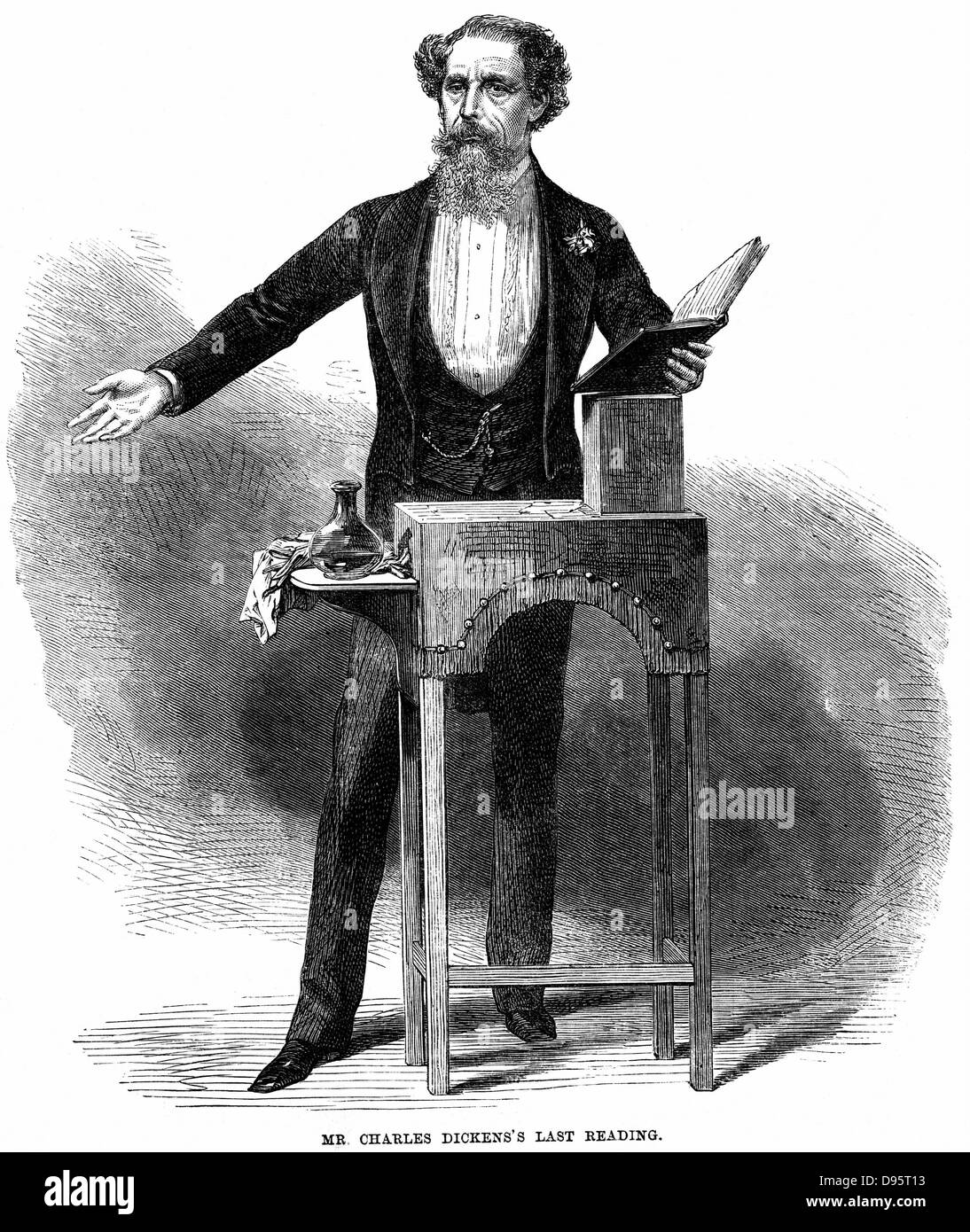 Charles Dickens (1812-70) dando la sua ultima lettura pubblica a St James's Hall di Londra il 5 marzo 1870. Egli ha letto gli estratti da "A Christmas Carol" e la scena di prova da "Pickwick Papers". La sua prima lettura era nel 1858. Incisione su legno 1870. Foto Stock