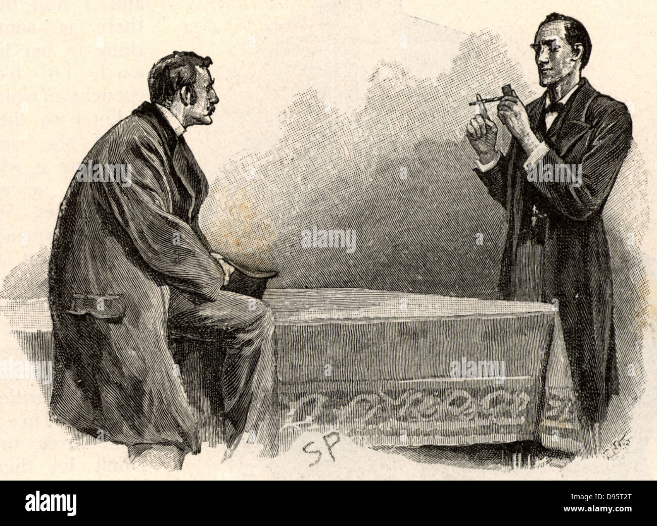 L'avventura della faccia gialla". Holmes spiegando a Watson che cosa egli ha dedotto dal tubo lasciato dietro di sé da parte di un visitatore. 'Il proprietario è ovviamente un uomo muscoloso, Mancini e con un eccellente insieme di denti, incurante nelle sue abitudini, e senza la necessità di praticare economia". Da "Le avventure di Sherlock Holmes' da Conan Doyle di 'The Strand Magazine' (Londra, 1893). Illustrazione di Sidney Paget e il primo artista a disegnare Sherlock Holmes. Incisione. Foto Stock