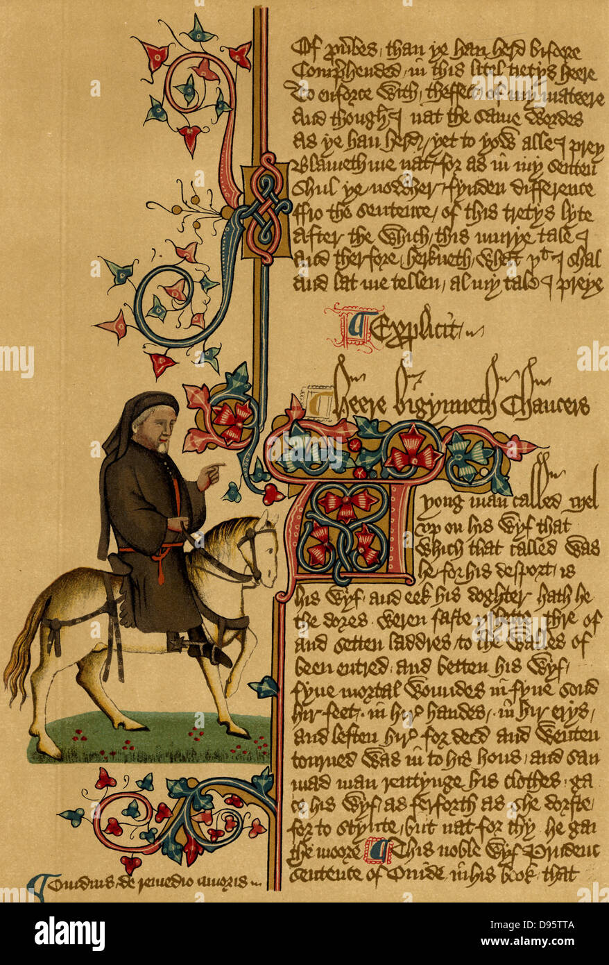 Geoffrey Chaucer (c1345-1401) poeta inglese. Ritratto equestre di Chaucer dal manoscritto di Ellesmere del suo 'Canterbury Tales" (XIV secolo). Foto Stock