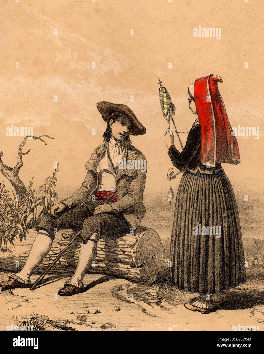 L uomo e la donna da la Vallee d'Ossau, Pirenei francesi, nel tradizionale abito regionale. La donna è la filatura utilizzando una conocchia. Litografia colorata da 'Nouvelles Suite de costumi des Pyrenees' (Parigi, c1840). Foto Stock L uomo e la donna da la Vallee d'Ossau, Pirenei francesi, nel tradizionale abito regionale. La donna è la filatura utilizzando una conocchia. Litografia colorata da 'Nouvelles Suite de costumi des Pyrenees' (Parigi, c1840). Foto Stock