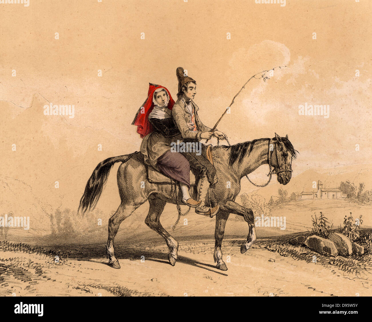 L uomo e la donna da Luz valley, Pirenei francesi, in sella ad un cavallo a casa alla fine della giornata. Litografia colorata da 'Nouvelles Suite de costumi des Pyrenees' (Parigi, c1840). Foto Stock